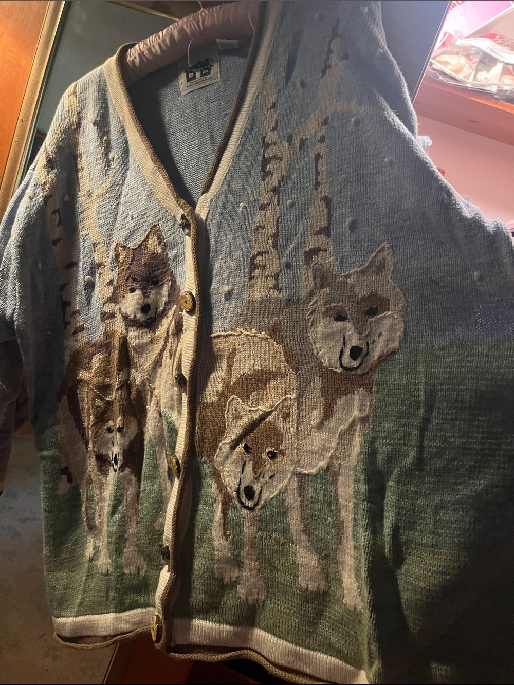 Storybook Knits Wolf Graphic Cardigan - Light Blue, Green, Brown